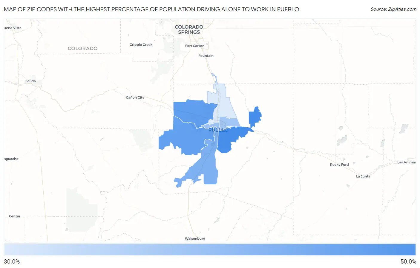 Zip Codes with the Highest Percentage of Population Driving Alone to Work in Pueblo Map