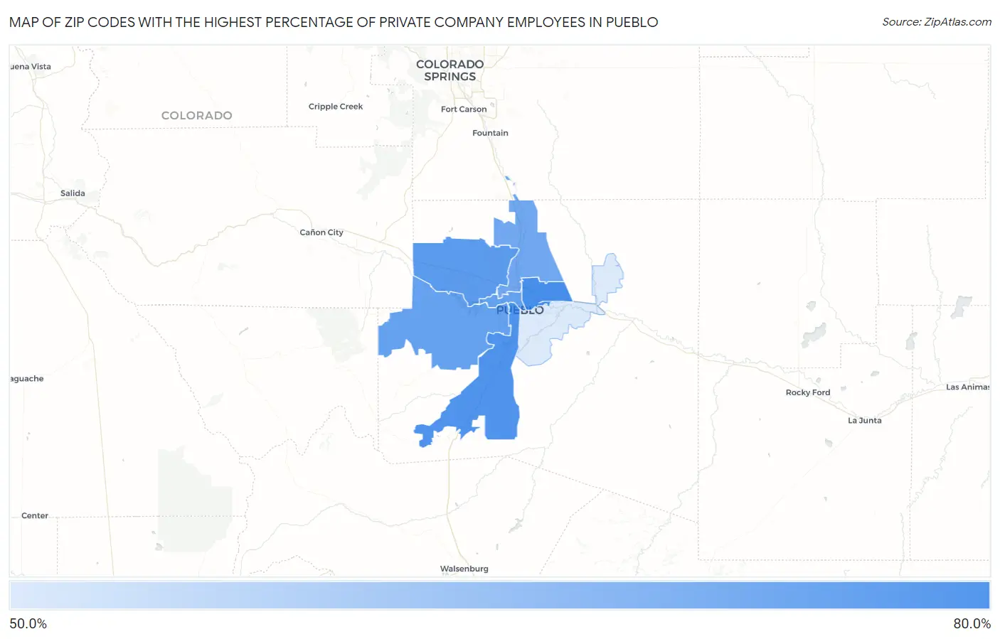 Zip Codes with the Highest Percentage of Private Company Employees in Pueblo Map
