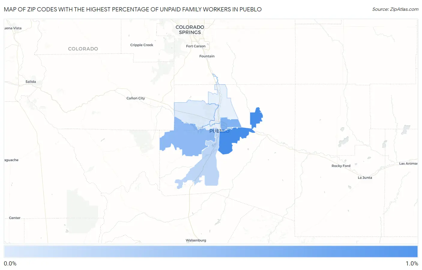 Zip Codes with the Highest Percentage of Unpaid Family Workers in Pueblo Map
