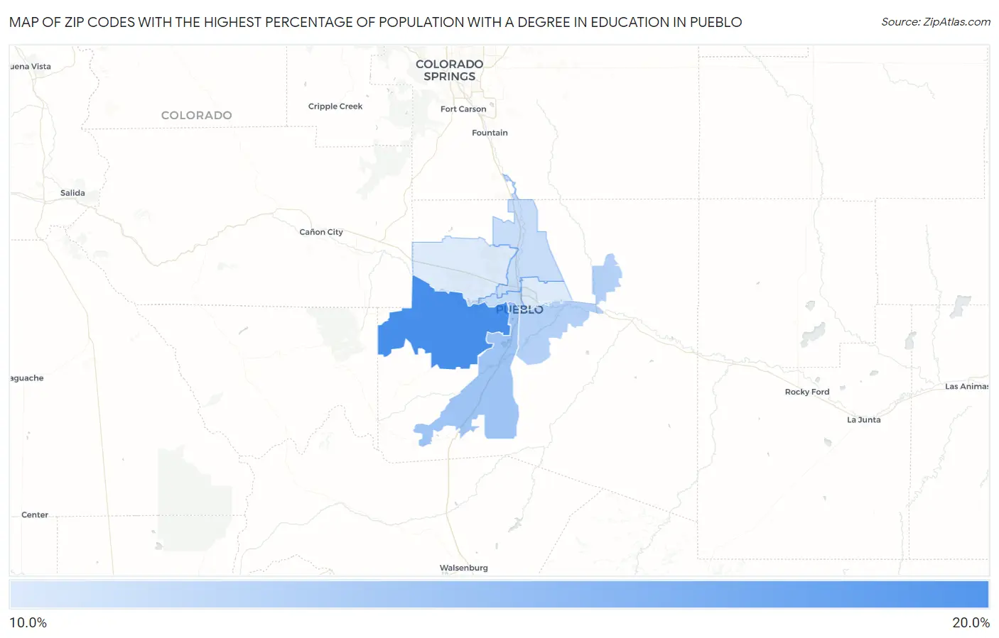 Zip Codes with the Highest Percentage of Population with a Degree in Education in Pueblo Map