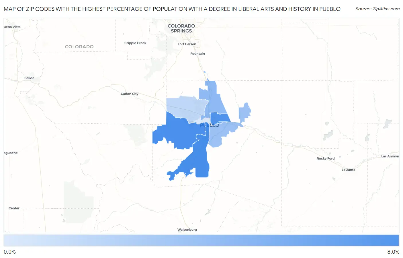 Zip Codes with the Highest Percentage of Population with a Degree in Liberal Arts and History in Pueblo Map