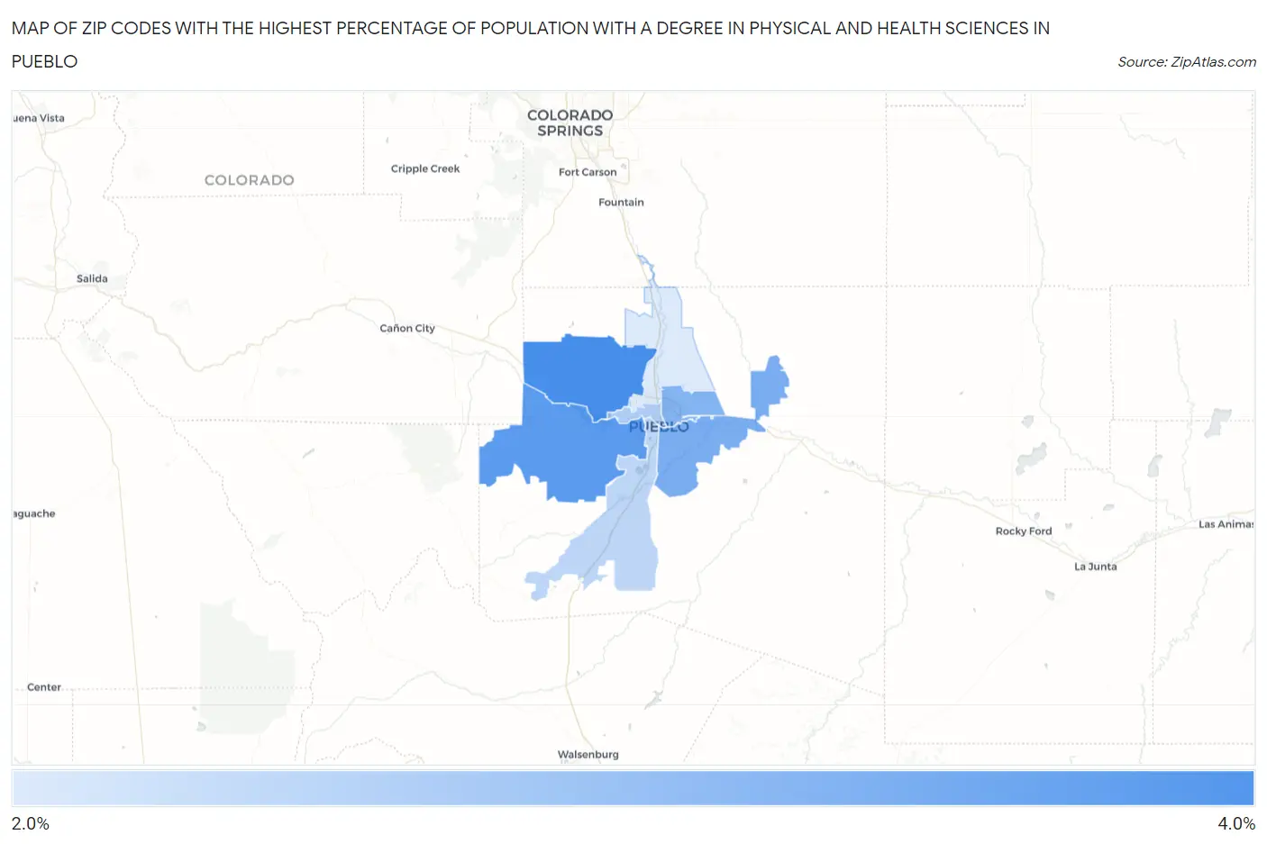 Zip Codes with the Highest Percentage of Population with a Degree in Physical and Health Sciences in Pueblo Map