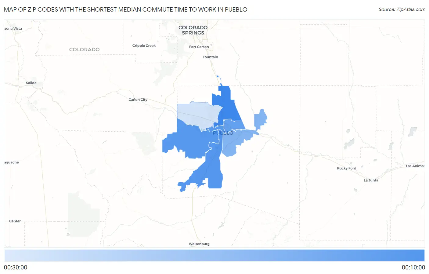 Zip Codes with the Shortest Median Commute Time to Work in Pueblo Map