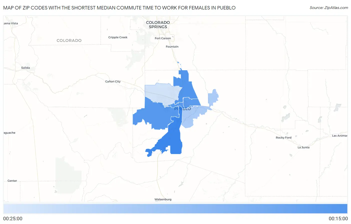 Zip Codes with the Shortest Median Commute Time to Work for Females in Pueblo Map