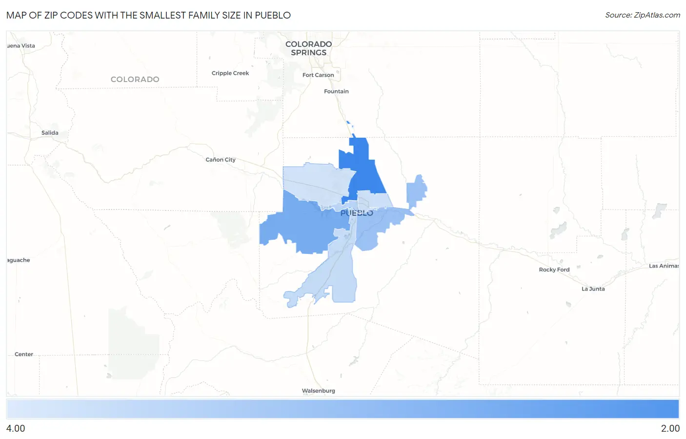 Zip Codes with the Smallest Family Size in Pueblo Map