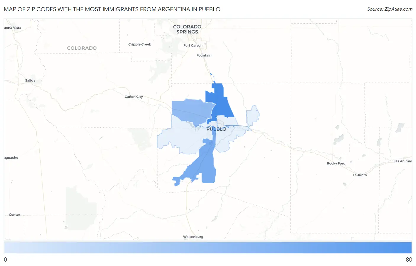 Zip Codes with the Most Immigrants from Argentina in Pueblo Map