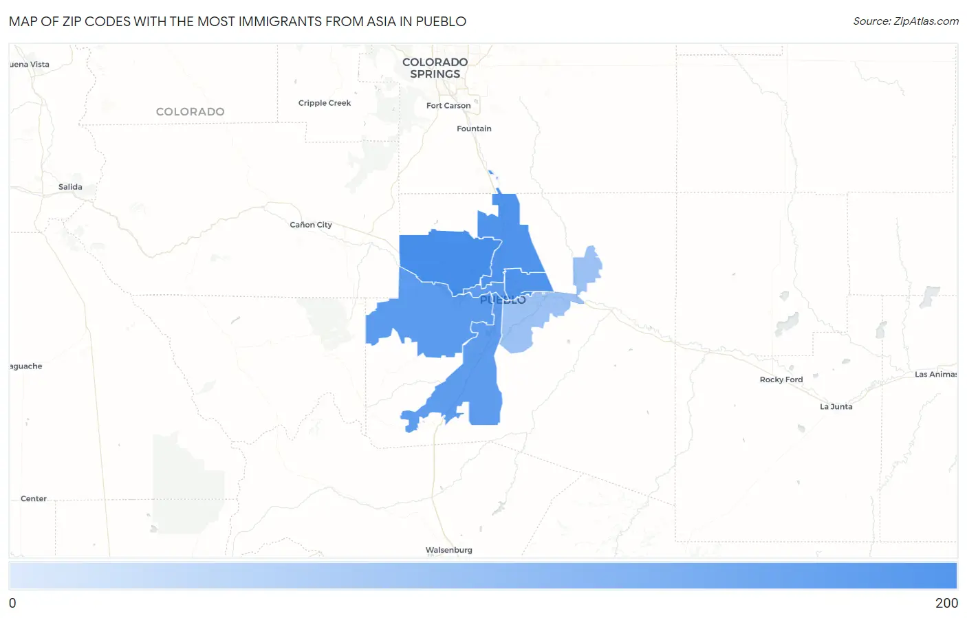 Zip Codes with the Most Immigrants from Asia in Pueblo Map