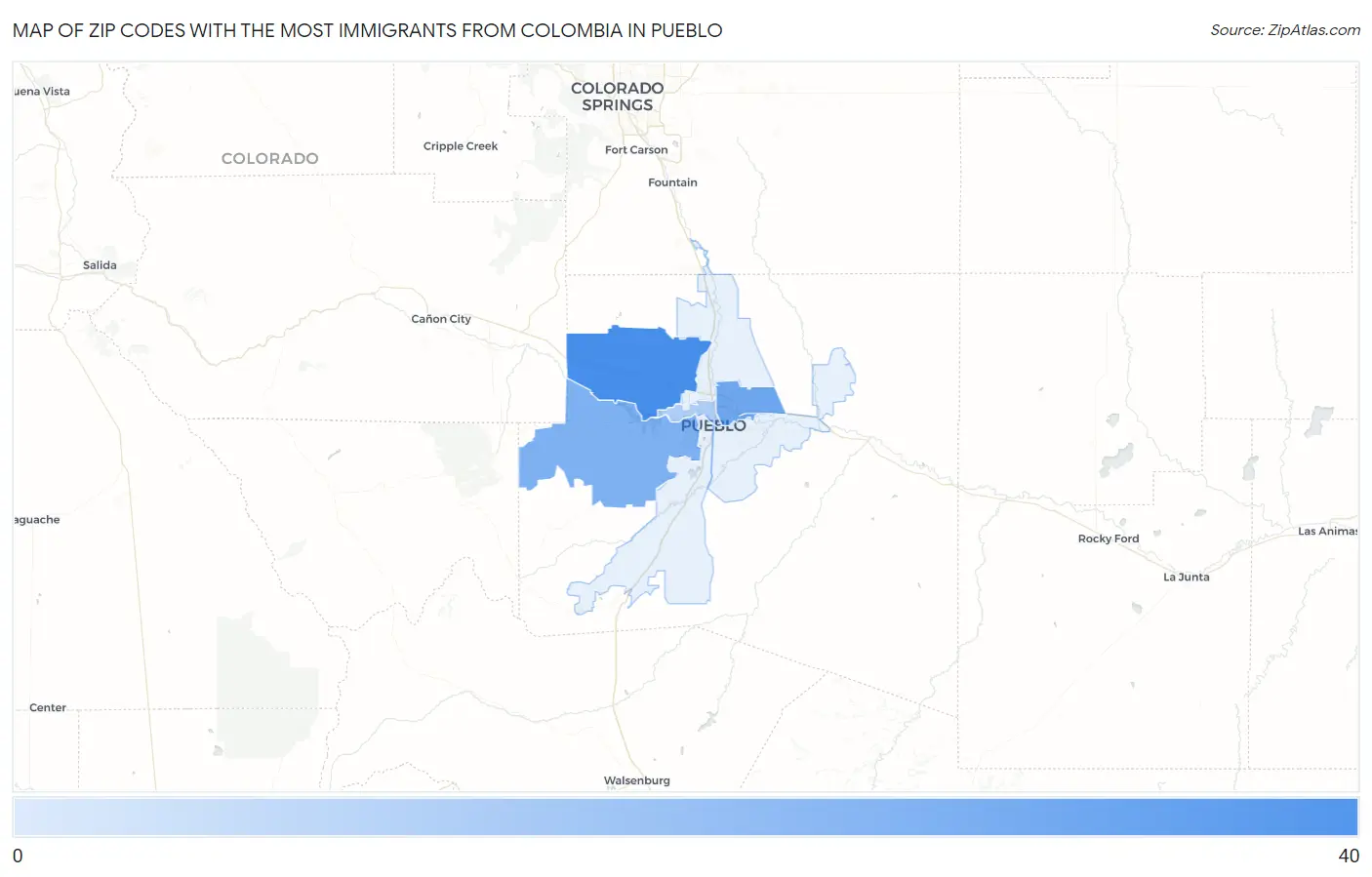 Zip Codes with the Most Immigrants from Colombia in Pueblo Map