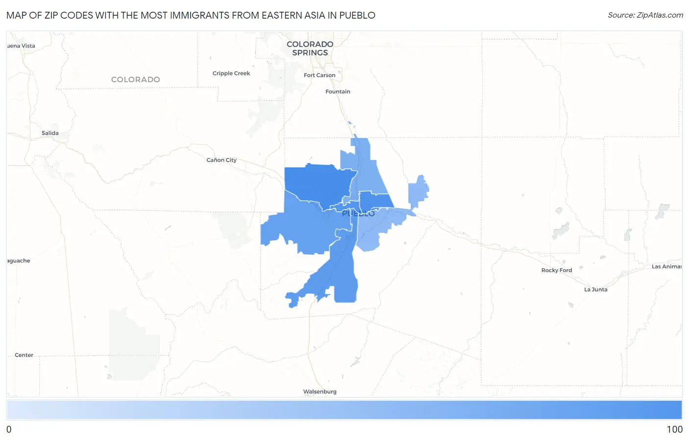 Zip Codes with the Most Immigrants from Eastern Asia in Pueblo Map