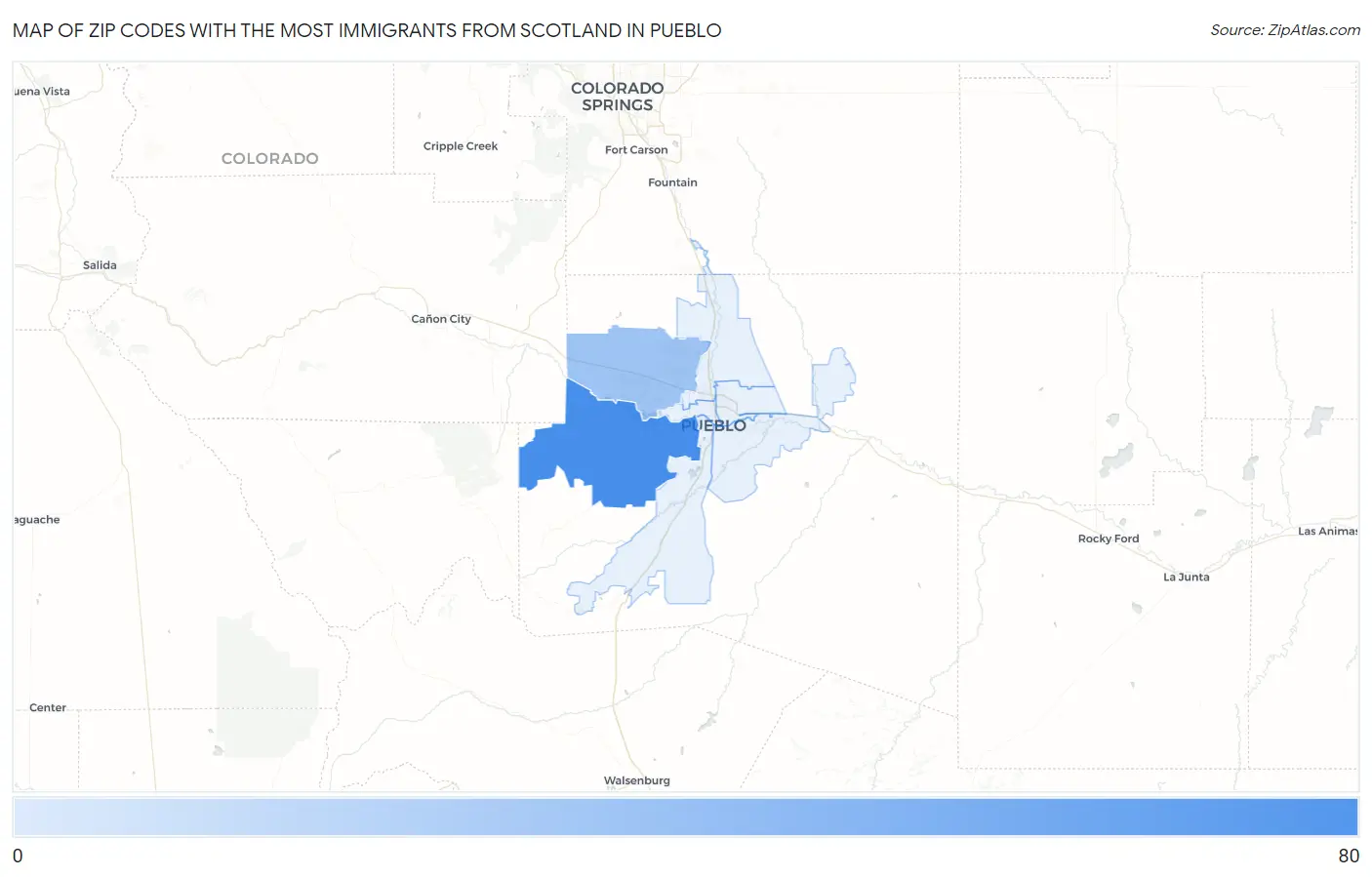 Zip Codes with the Most Immigrants from Scotland in Pueblo Map