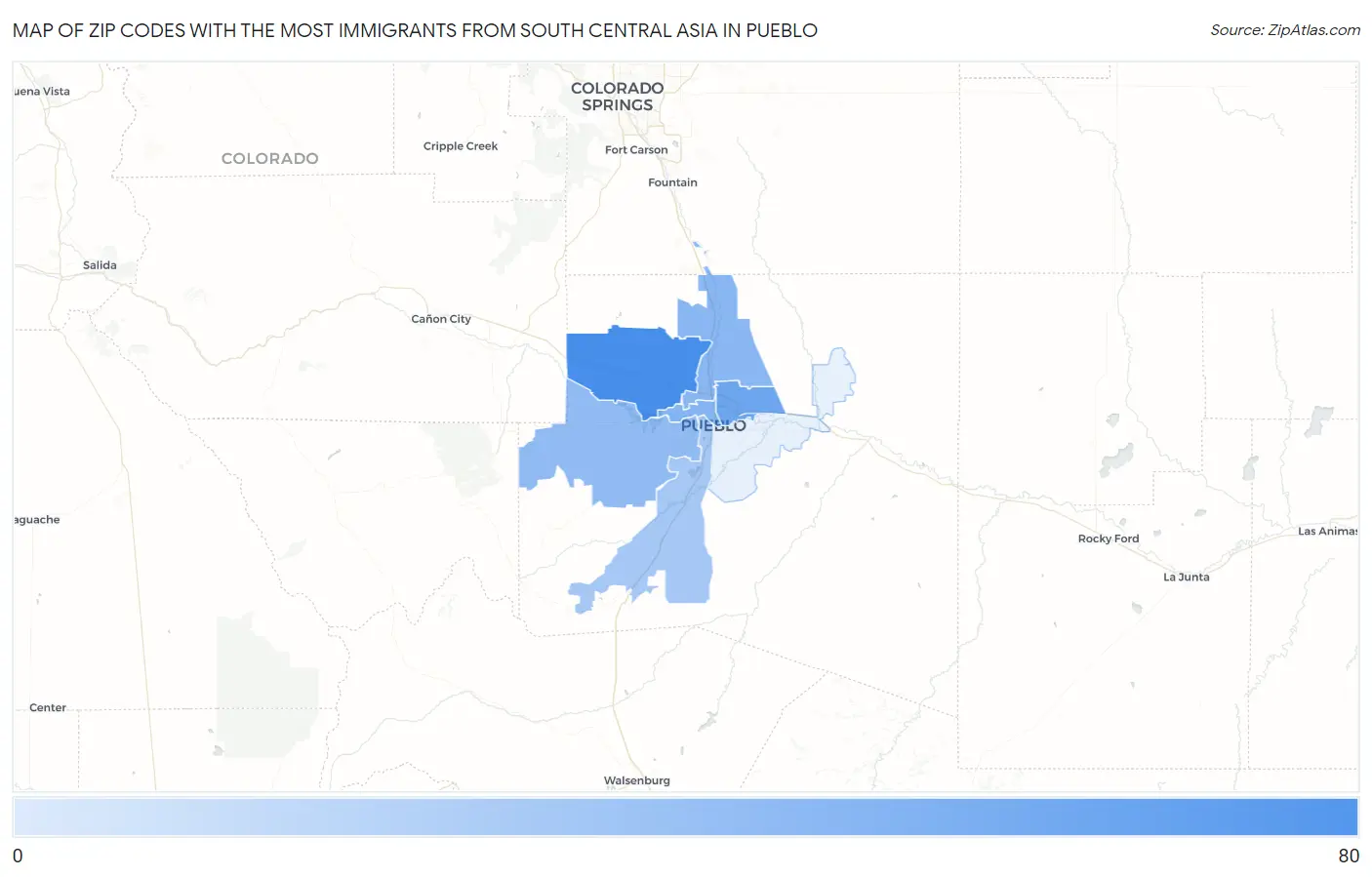 Zip Codes with the Most Immigrants from South Central Asia in Pueblo Map