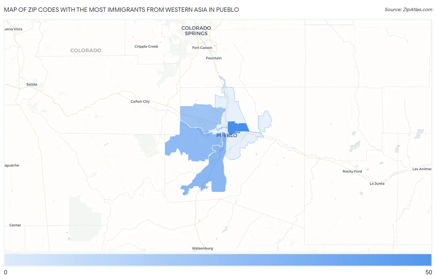 Zip Codes with the Most Immigrants from Western Asia in Pueblo Map