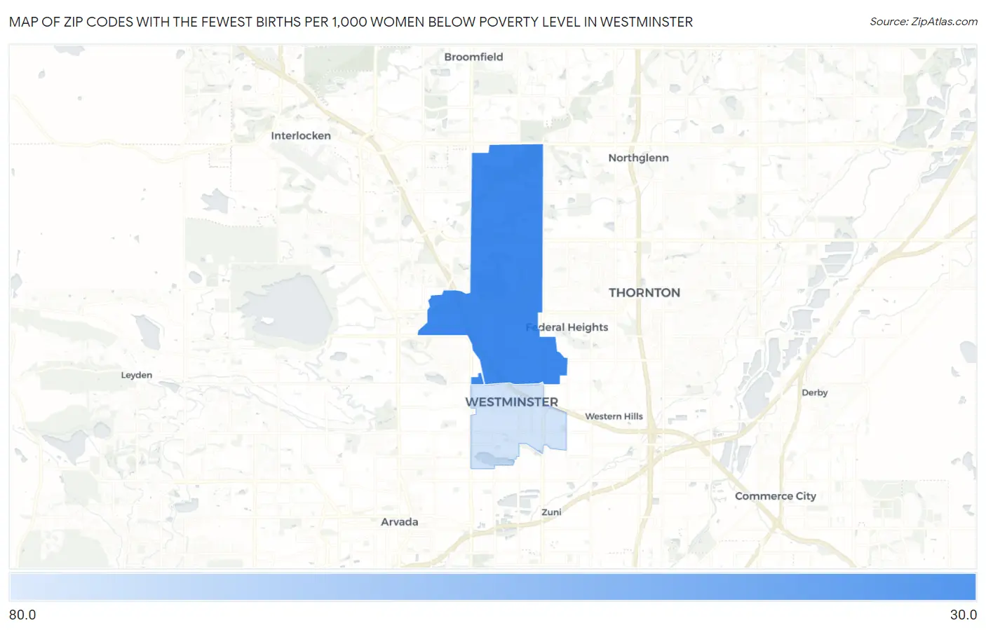 Zip Codes with the Fewest Births per 1,000 Women Below Poverty Level in Westminster Map