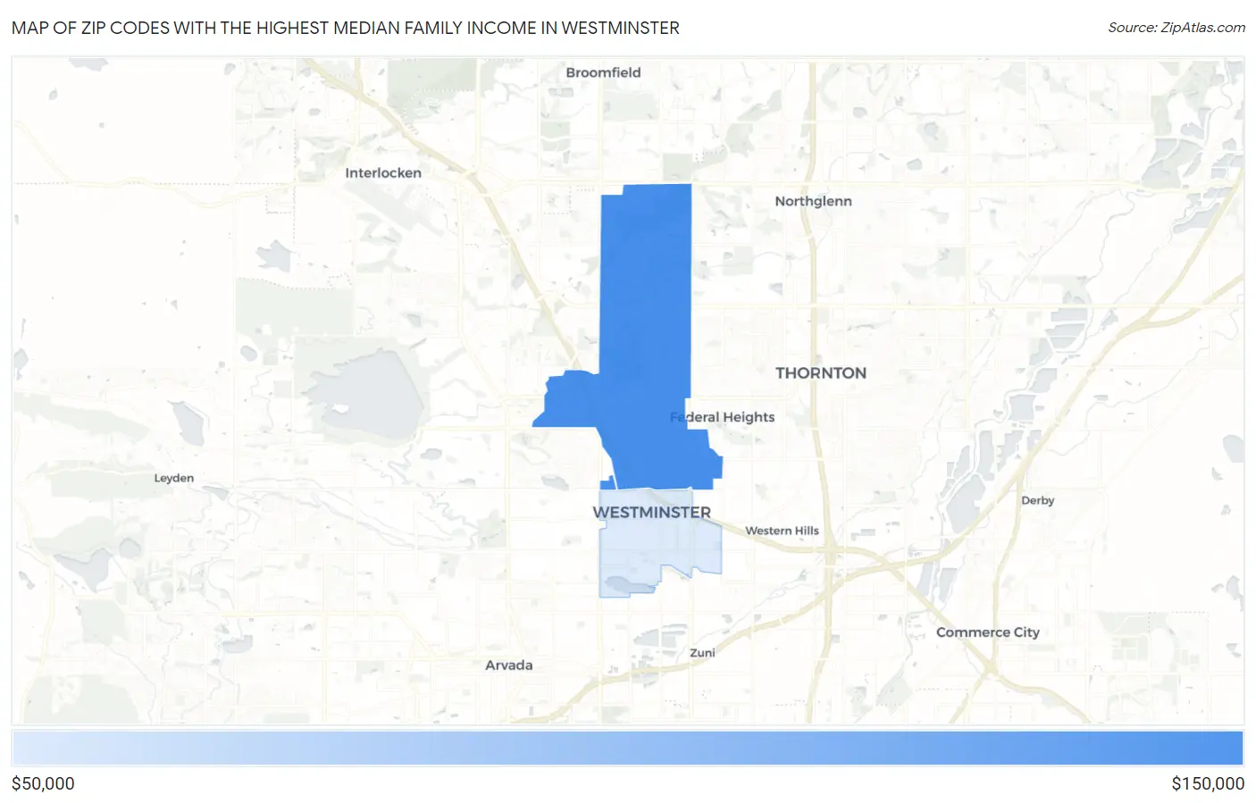 Zip Codes with the Highest Median Family Income in Westminster Map