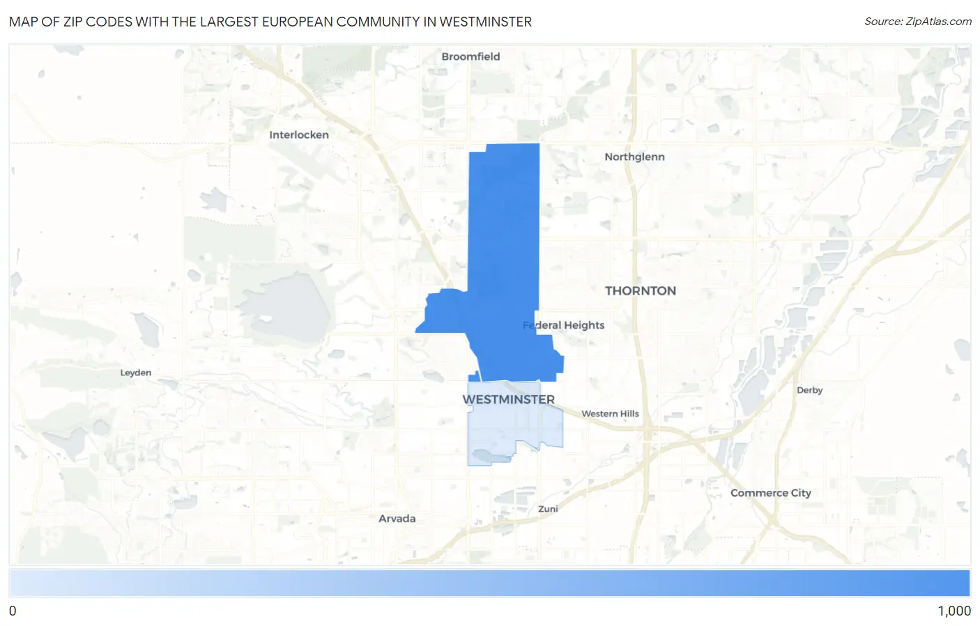 Zip Codes with the Largest European Community in Westminster Map