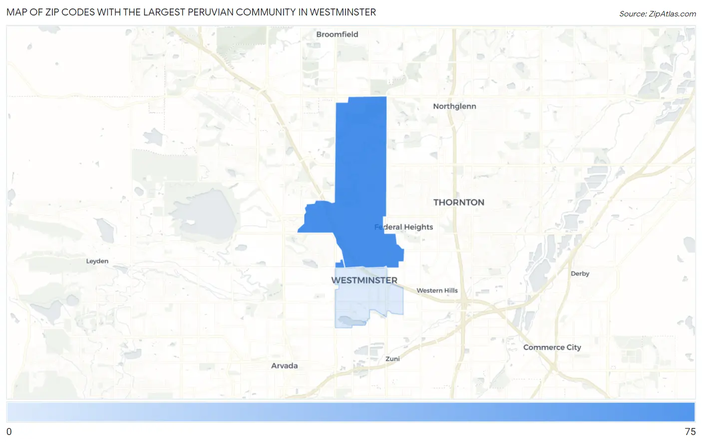 Zip Codes with the Largest Peruvian Community in Westminster Map