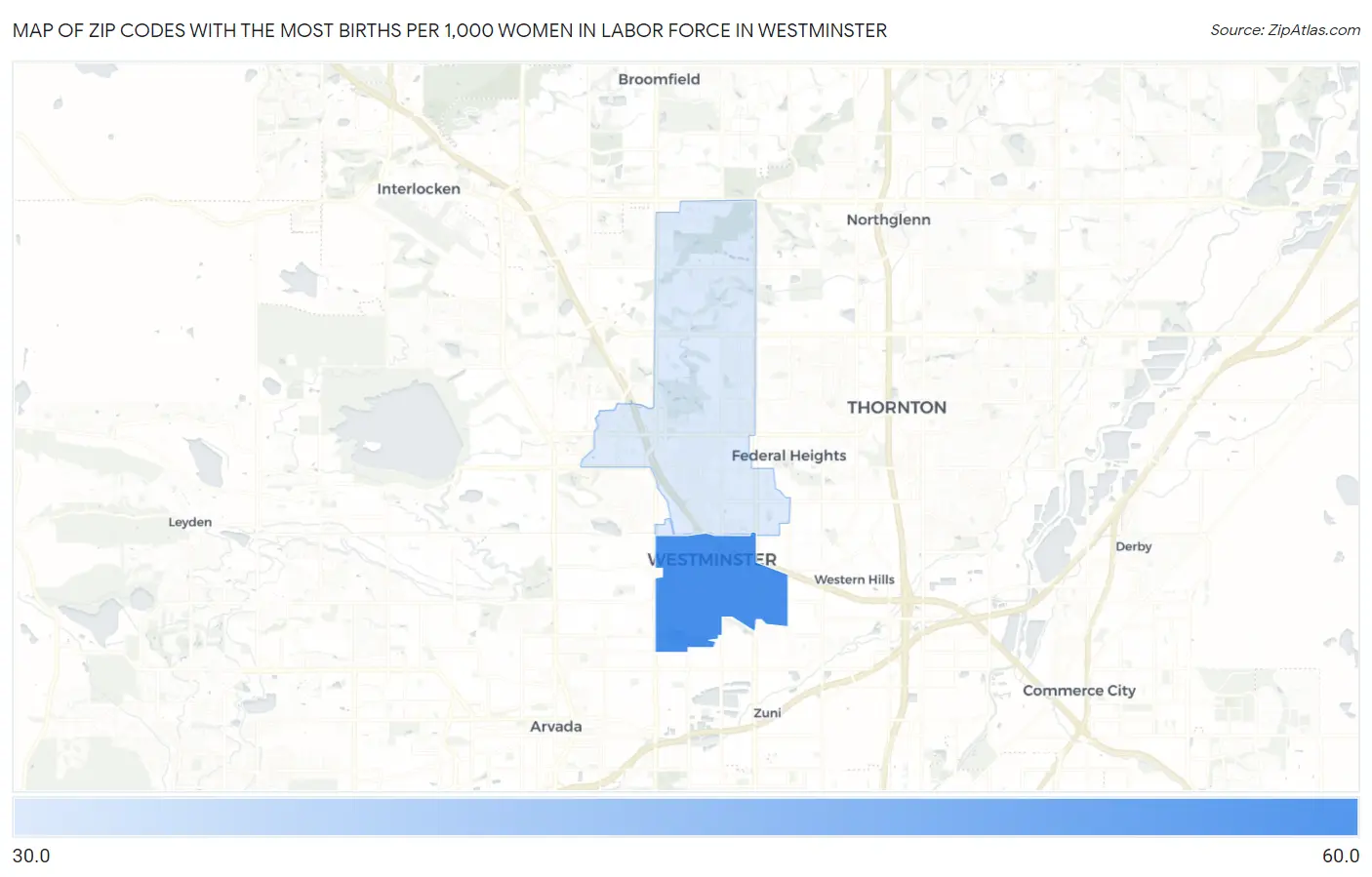 Zip Codes with the Most Births per 1,000 Women in Labor Force in Westminster Map