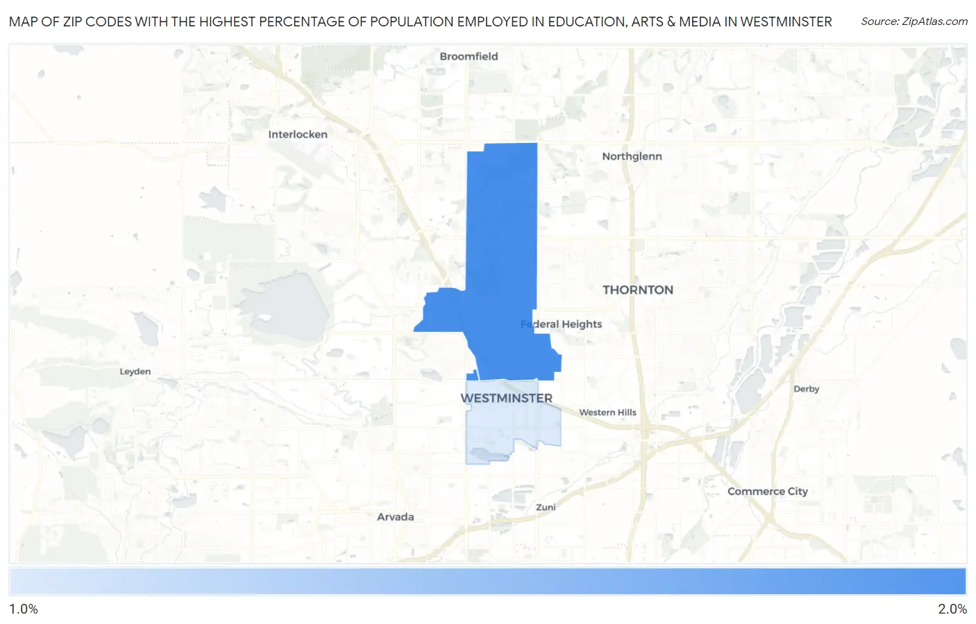 Zip Codes with the Highest Percentage of Population Employed in Education, Arts & Media in Westminster Map