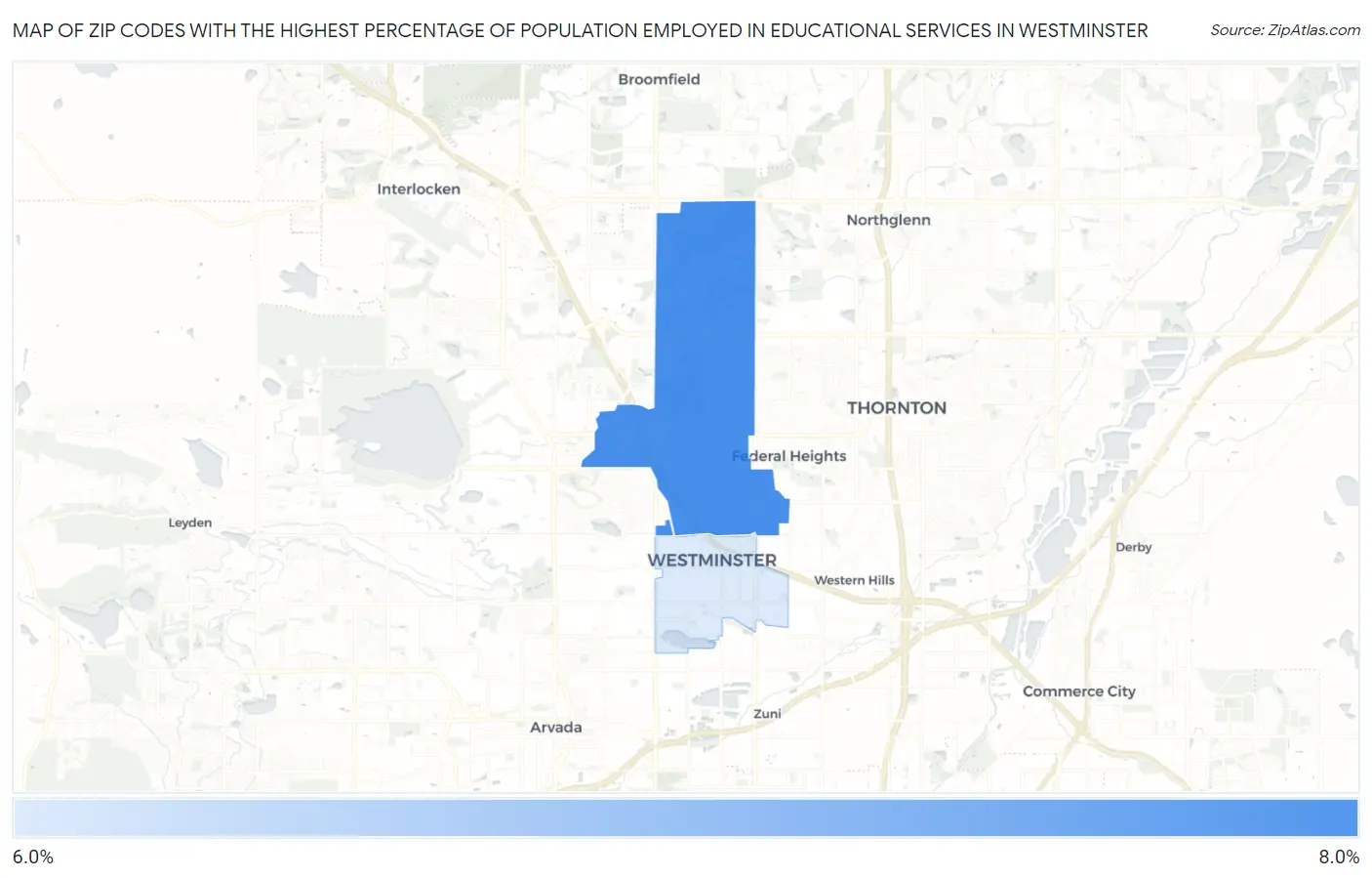 Zip Codes with the Highest Percentage of Population Employed in Educational Services in Westminster Map