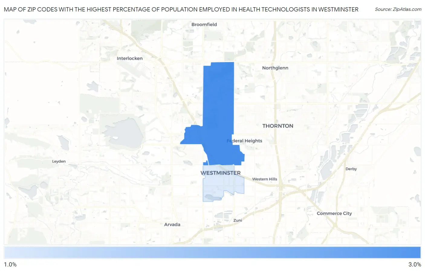 Zip Codes with the Highest Percentage of Population Employed in Health Technologists in Westminster Map