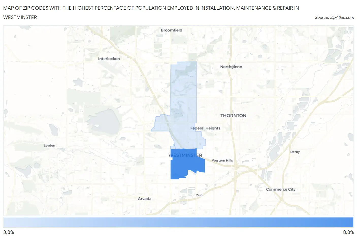 Zip Codes with the Highest Percentage of Population Employed in Installation, Maintenance & Repair in Westminster Map