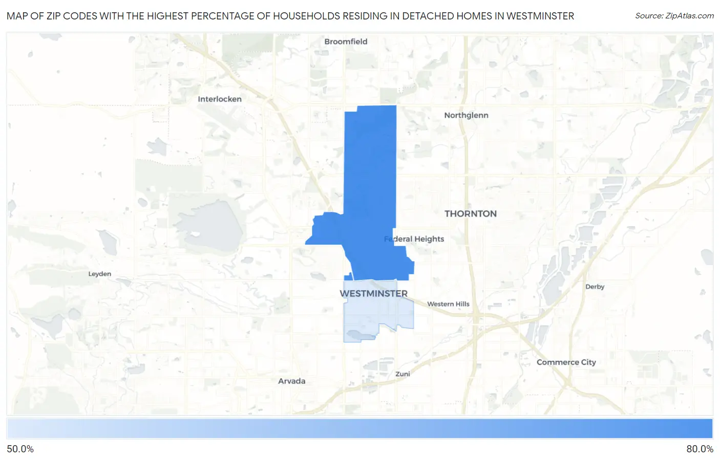 Zip Codes with the Highest Percentage of Households Residing in Detached Homes in Westminster Map