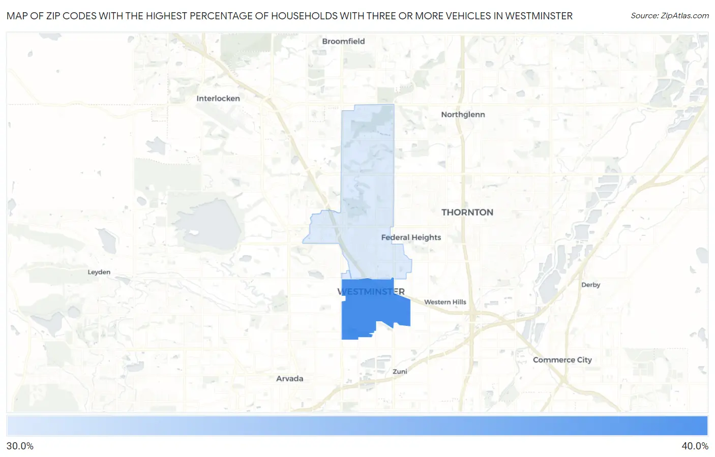 Zip Codes with the Highest Percentage of Households With Three or more Vehicles in Westminster Map