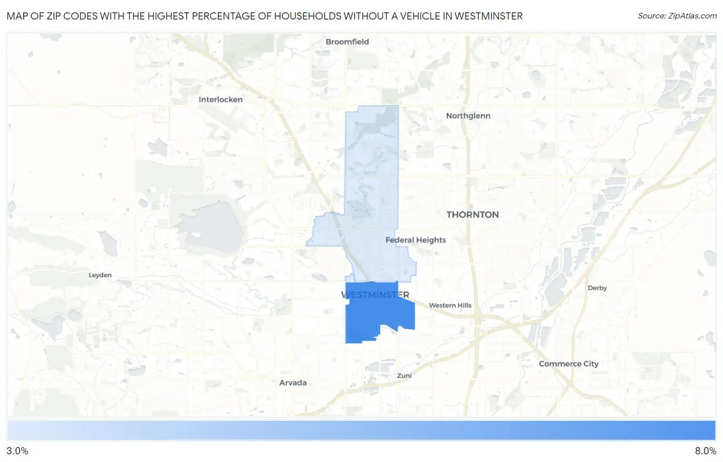Zip Codes with the Highest Percentage of Households Without a Vehicle in Westminster Map