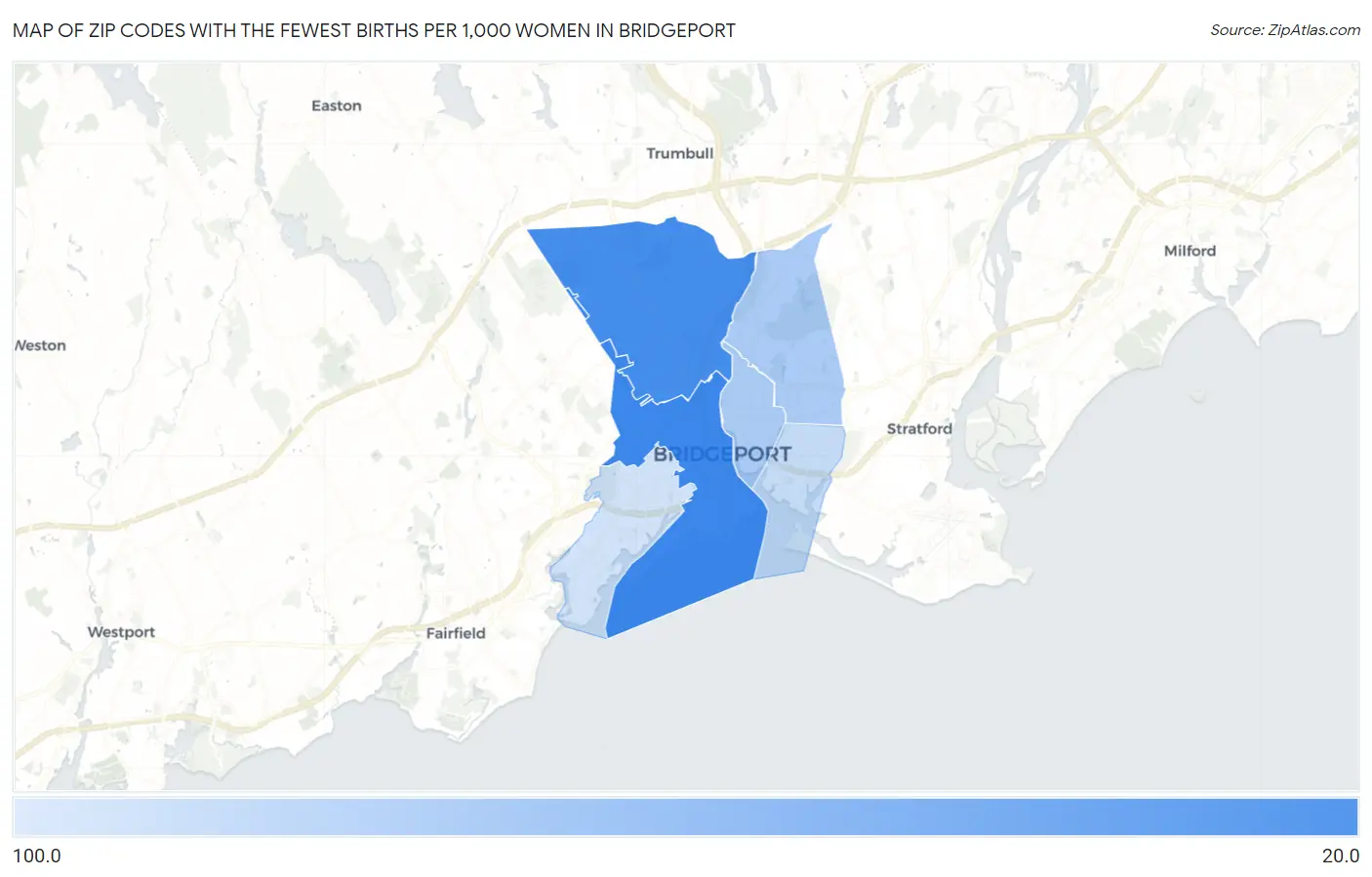 Zip Codes with the Fewest Births per 1,000 Women in Bridgeport Map
