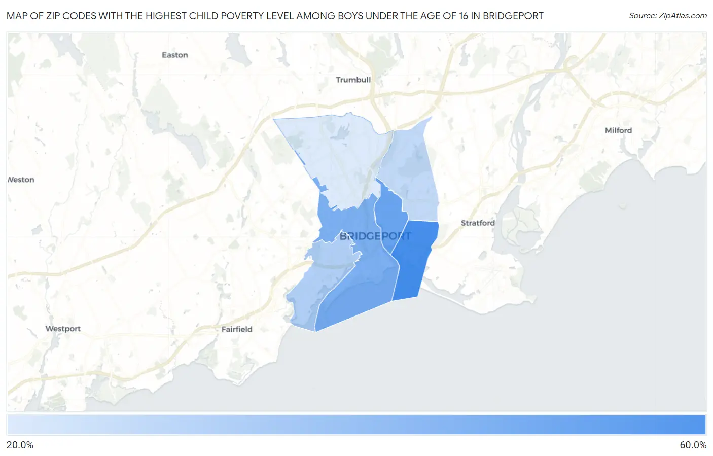 Zip Codes with the Highest Child Poverty Level Among Boys Under the Age of 16 in Bridgeport Map