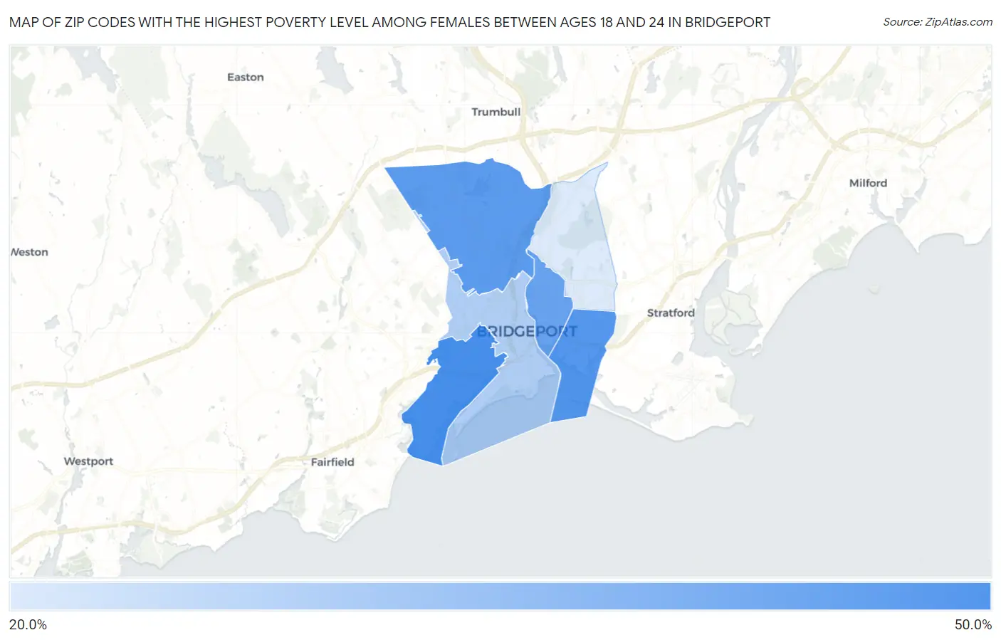 Zip Codes with the Highest Poverty Level Among Females Between Ages 18 and 24 in Bridgeport Map