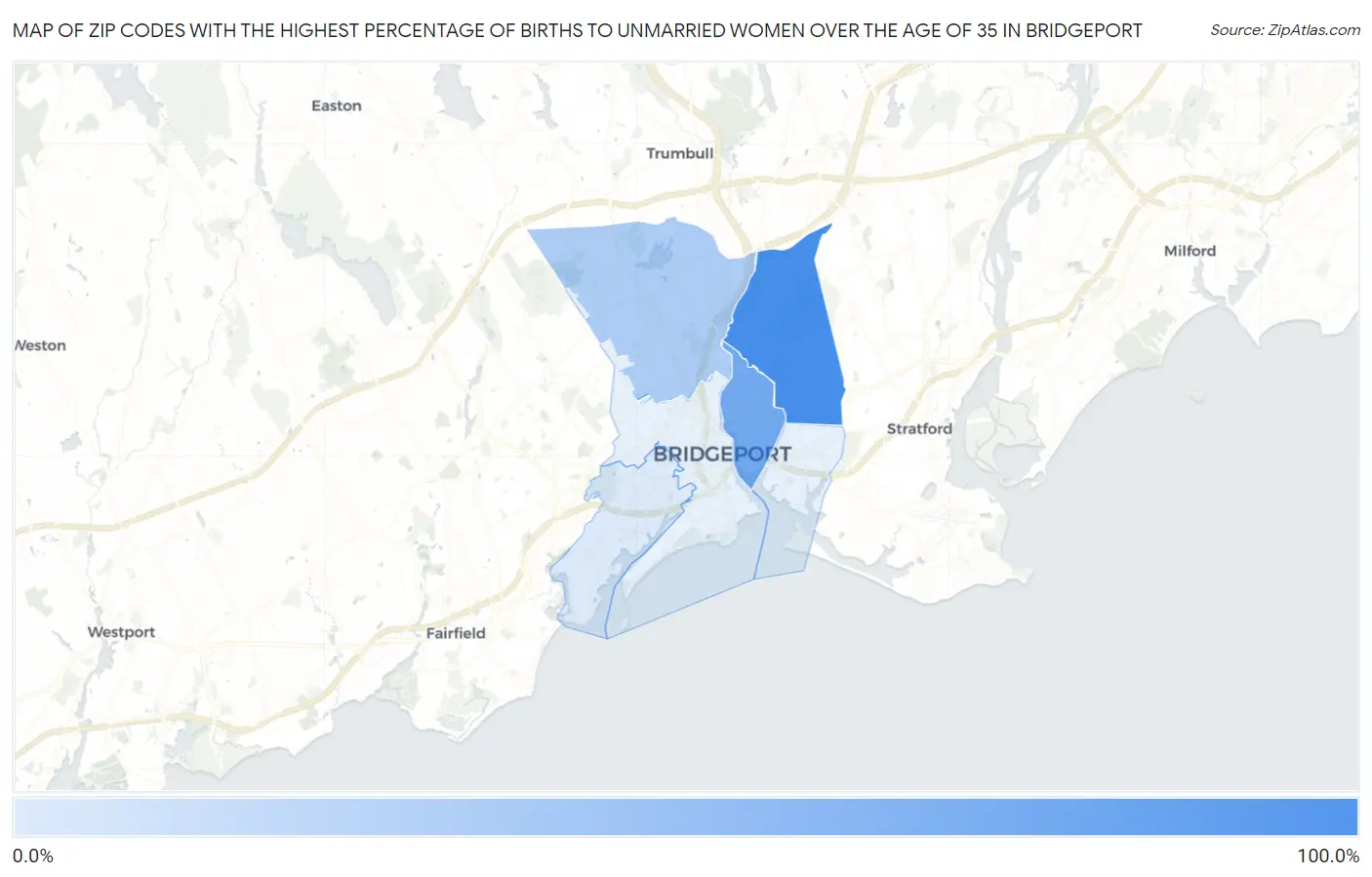 Zip Codes with the Highest Percentage of Births to Unmarried Women over the Age of 35 in Bridgeport Map