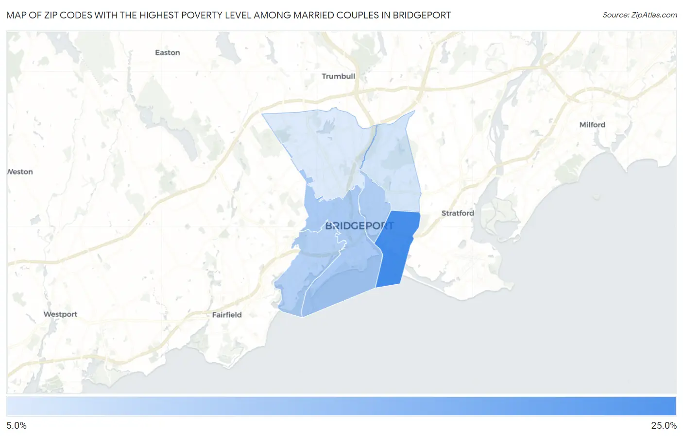 Zip Codes with the Highest Poverty Level Among Married Couples in Bridgeport Map