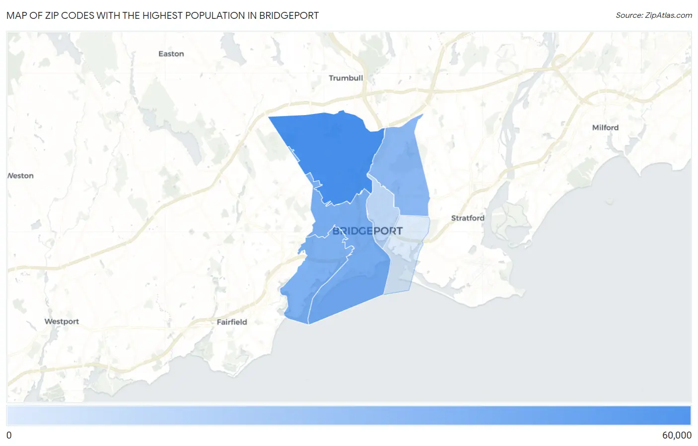 Zip Codes with the Highest Population in Bridgeport Map