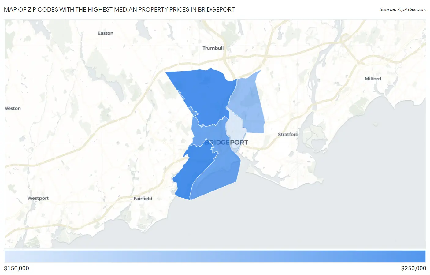 Zip Codes with the Highest Median Property Prices in Bridgeport Map