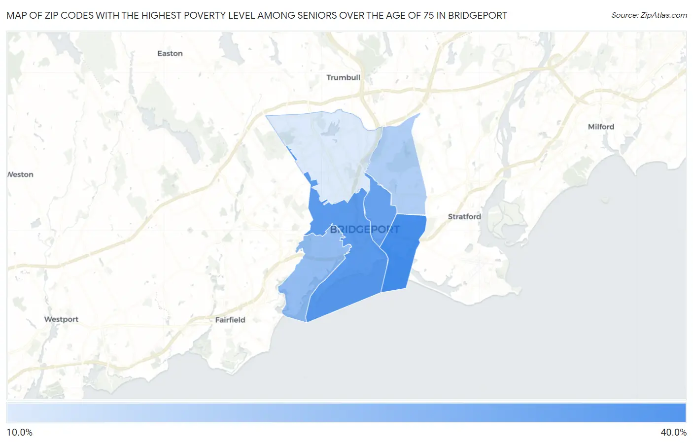 Zip Codes with the Highest Poverty Level Among Seniors Over the Age of 75 in Bridgeport Map