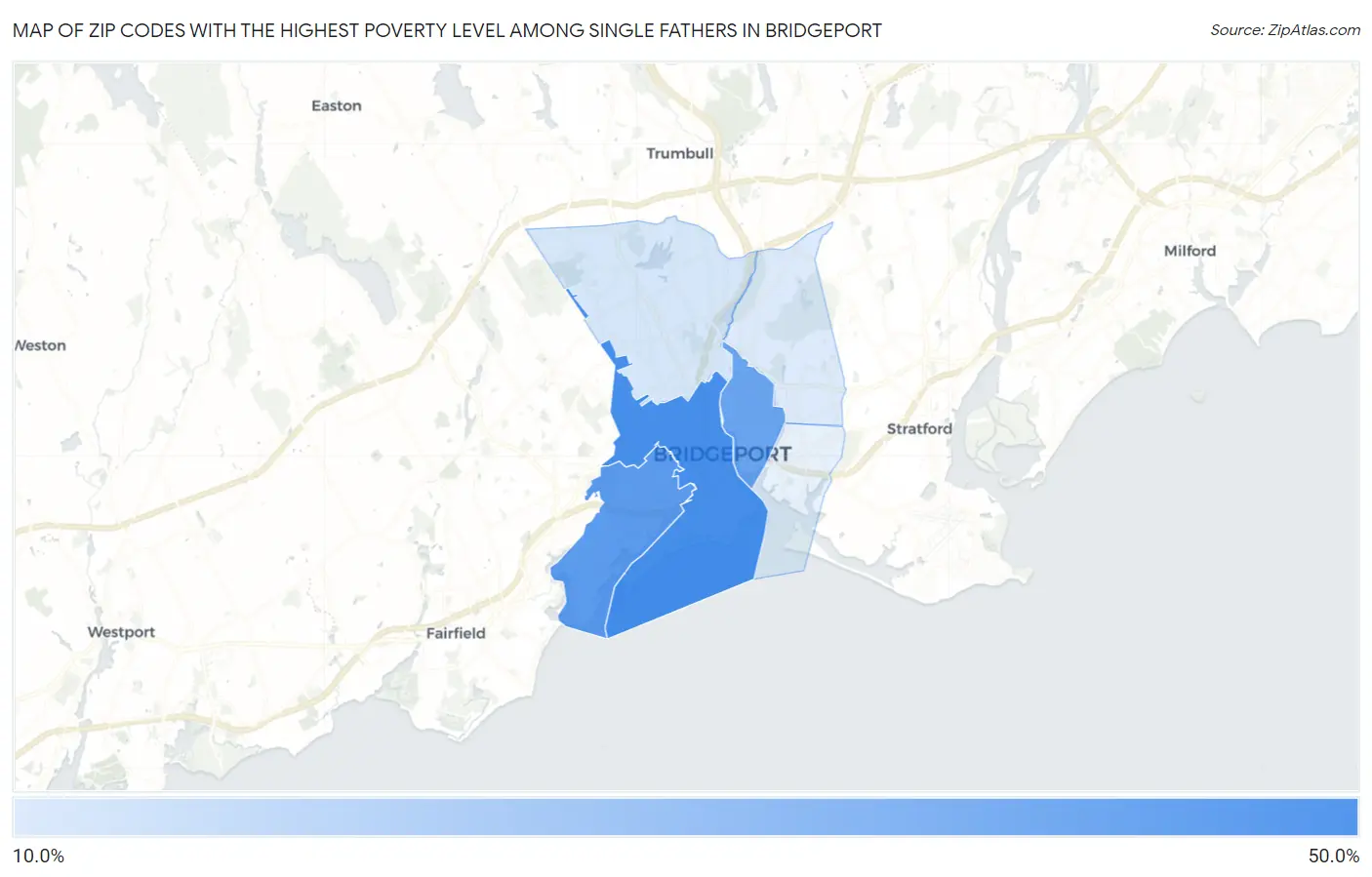 Zip Codes with the Highest Poverty Level Among Single Fathers in Bridgeport Map
