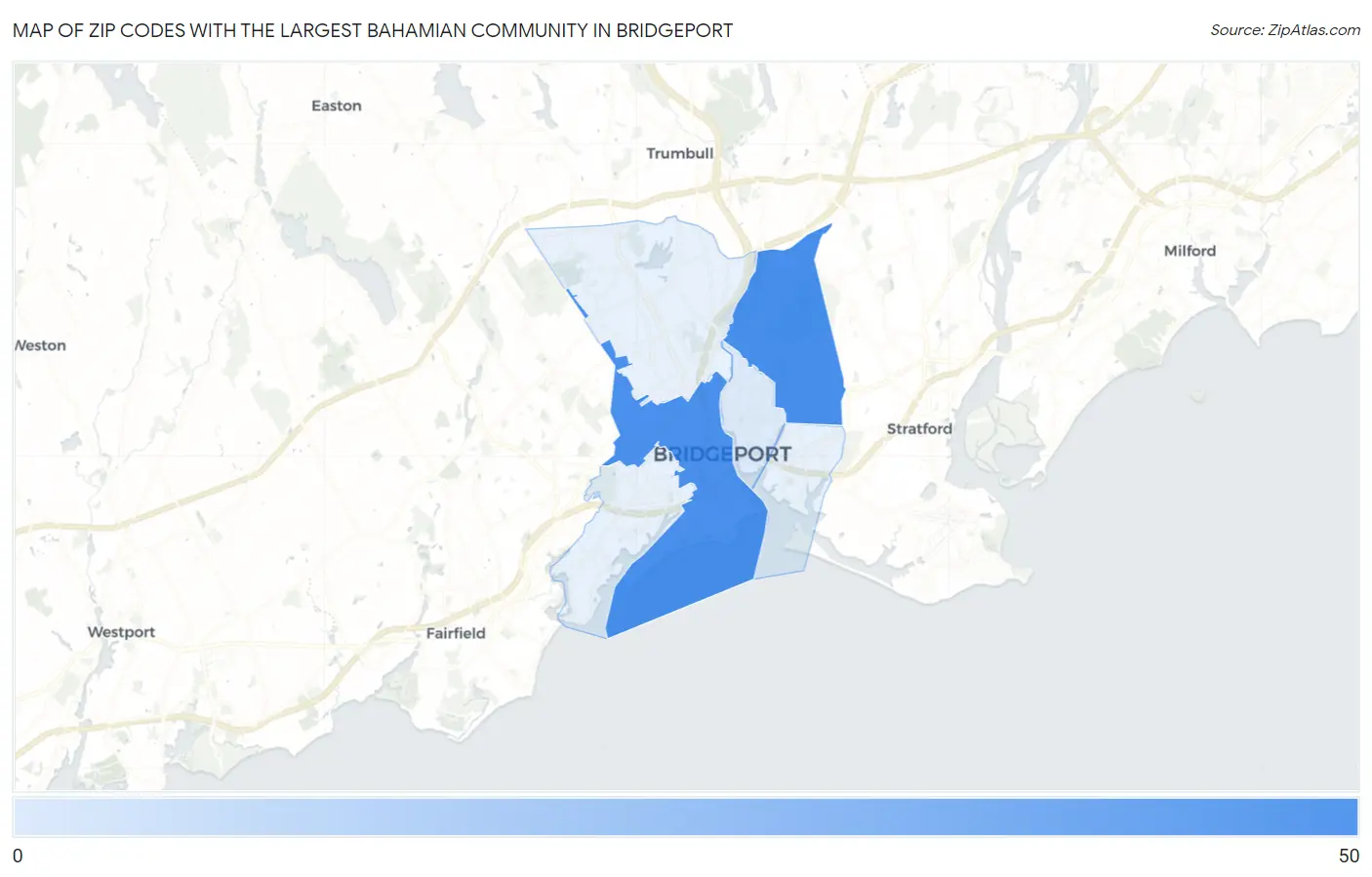 Zip Codes with the Largest Bahamian Community in Bridgeport Map