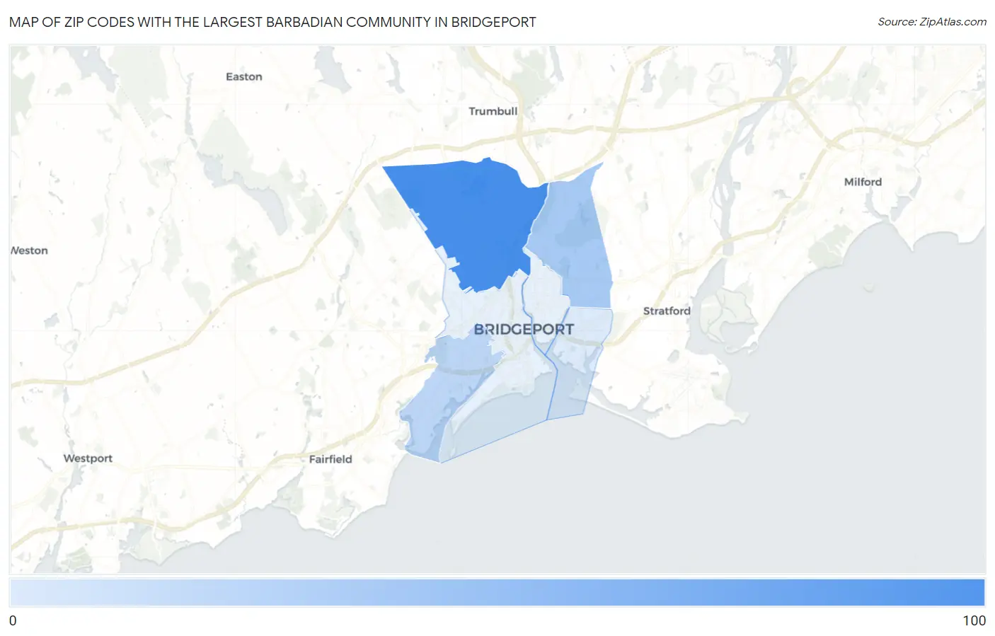 Zip Codes with the Largest Barbadian Community in Bridgeport Map