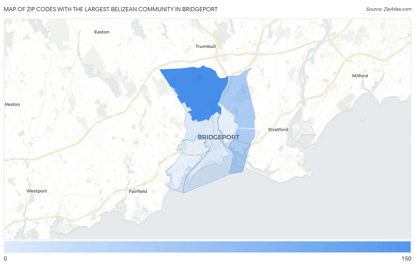 Zip Codes with the Largest Belizean Community in Bridgeport Map