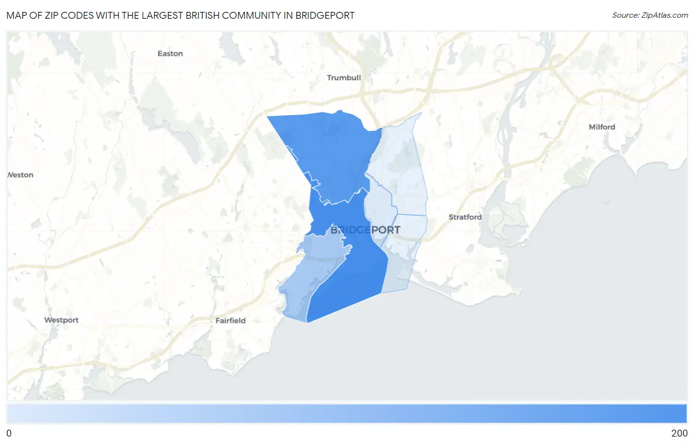 Zip Codes with the Largest British Community in Bridgeport Map