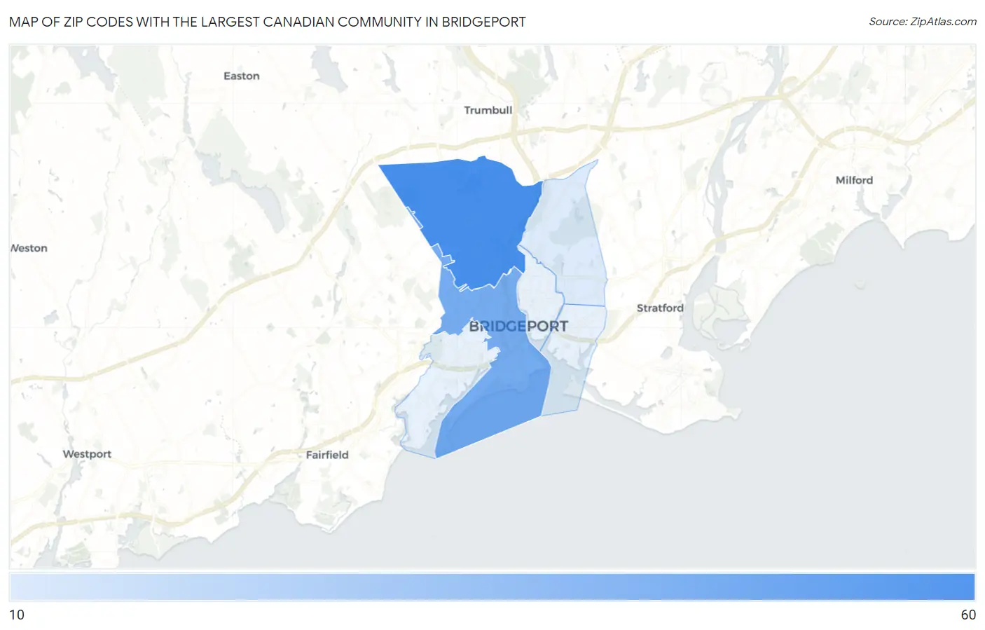 Zip Codes with the Largest Canadian Community in Bridgeport Map