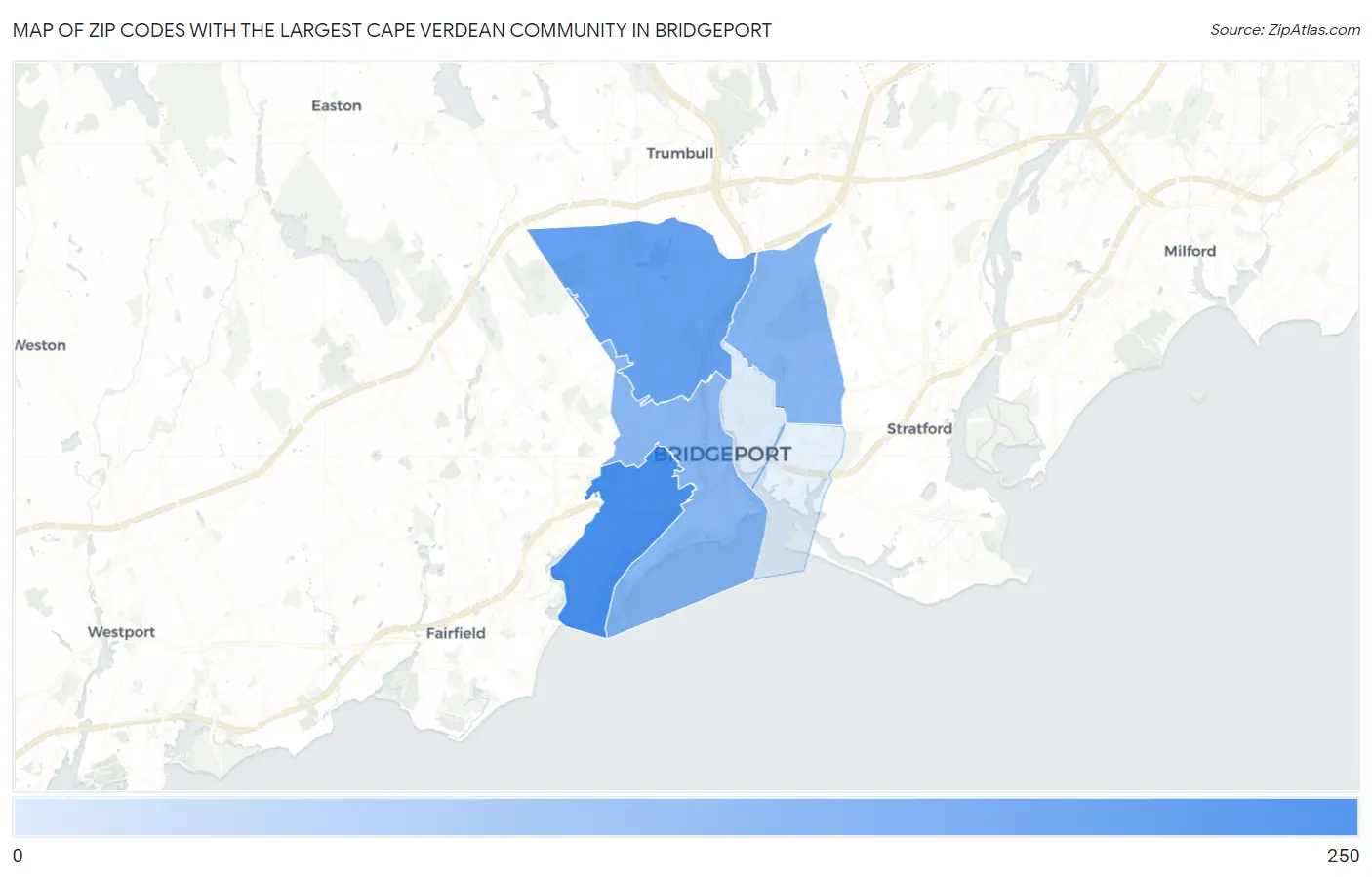 Zip Codes with the Largest Cape Verdean Community in Bridgeport Map