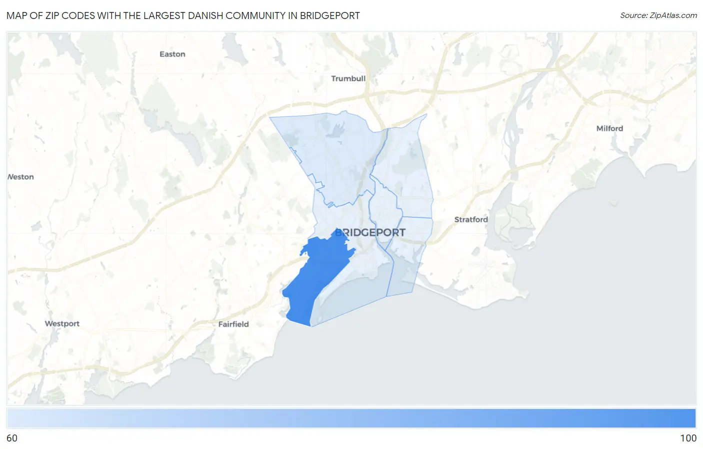 Zip Codes with the Largest Danish Community in Bridgeport Map