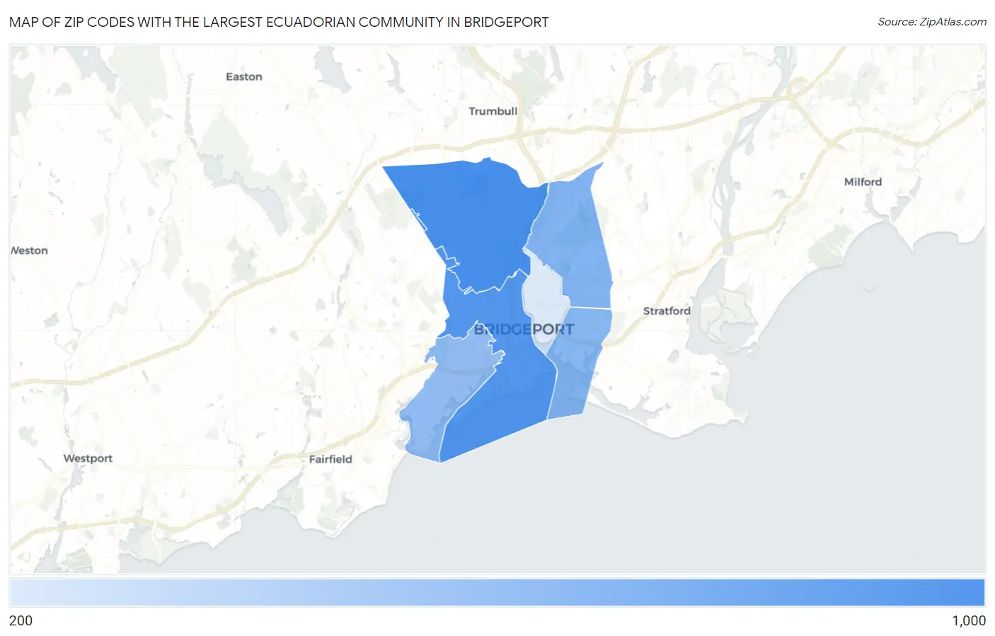 Zip Codes with the Largest Ecuadorian Community in Bridgeport Map
