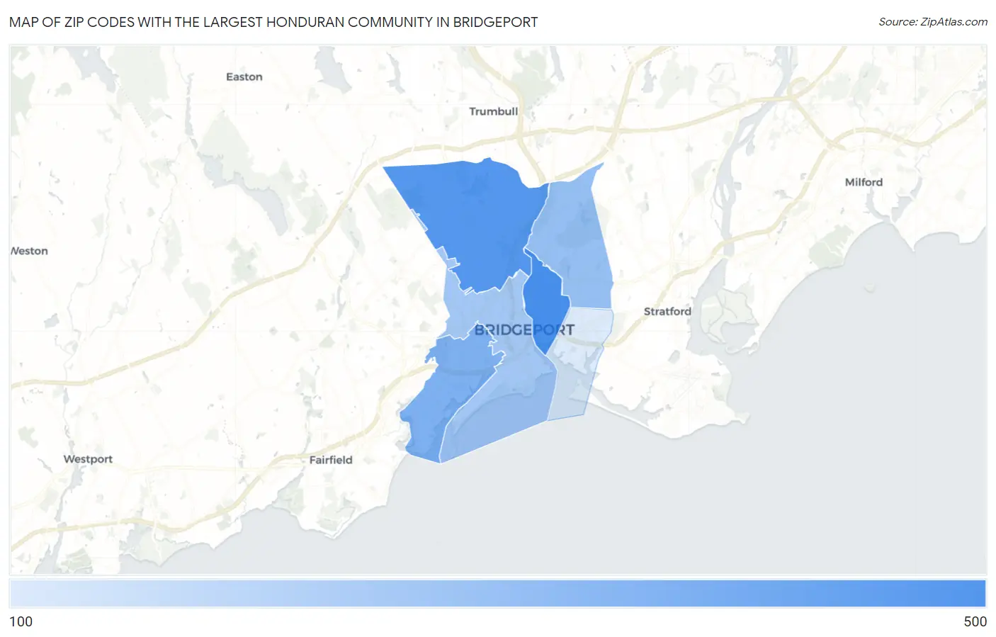 Zip Codes with the Largest Honduran Community in Bridgeport Map