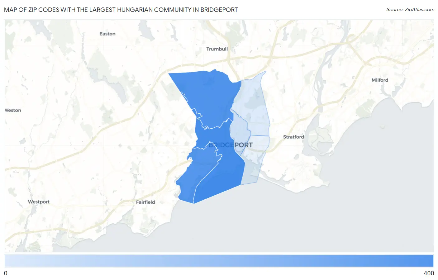 Zip Codes with the Largest Hungarian Community in Bridgeport Map