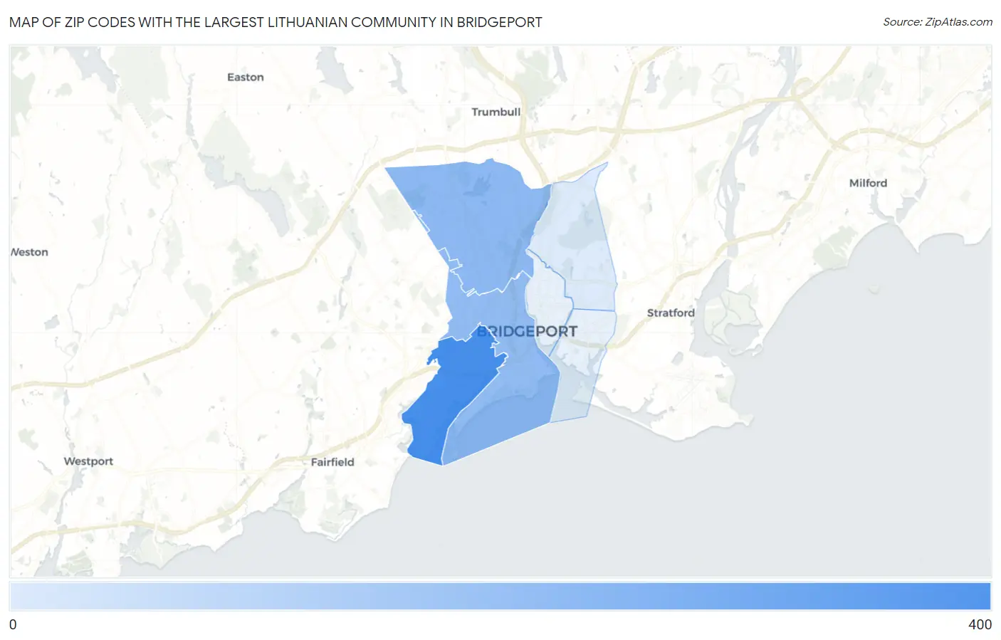 Zip Codes with the Largest Lithuanian Community in Bridgeport Map