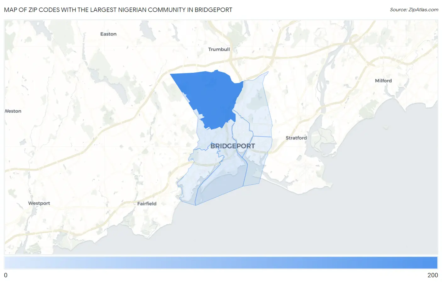 Zip Codes with the Largest Nigerian Community in Bridgeport Map