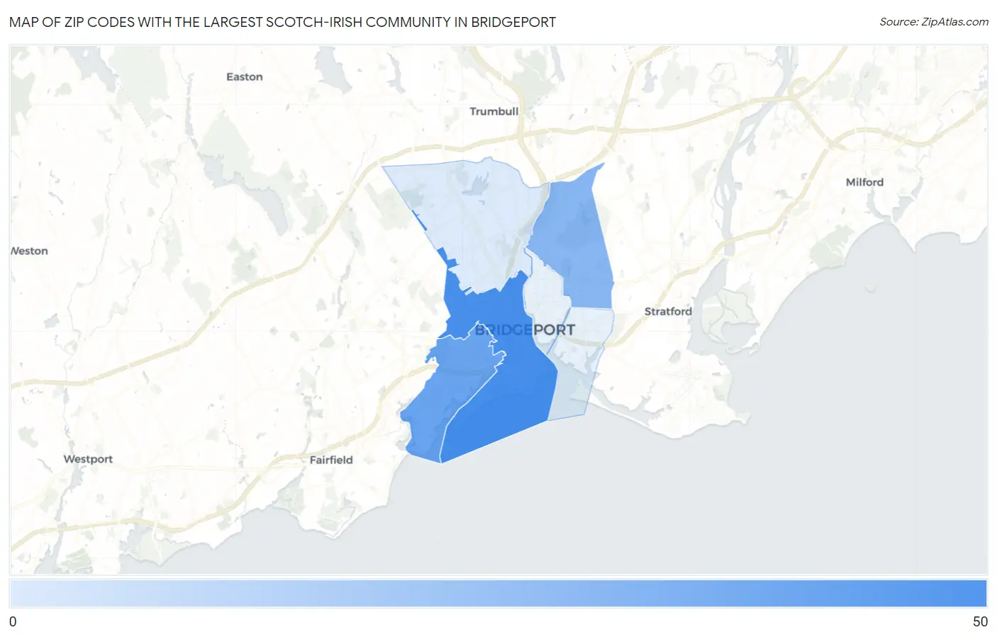 Zip Codes with the Largest Scotch-Irish Community in Bridgeport Map